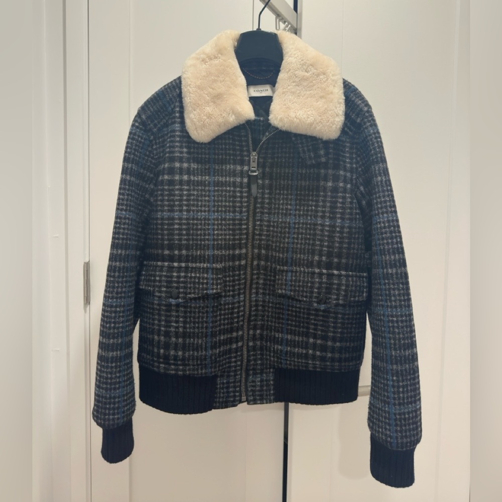Coach 1941 Plaid Wool Bomber Jacket W/ Removable real shearling collar